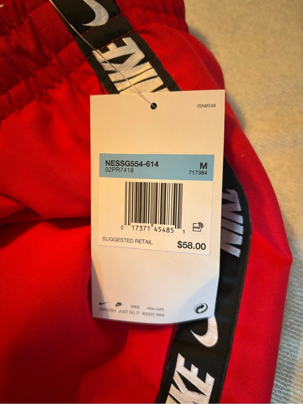 Nike Men’s Red Swim Trunks with Black Logo Tape